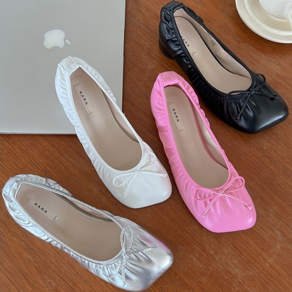 バレエシューズ パンプス りぼん リボン オブリークトゥ フラット フラット レディース ぺたんこ 黒 銀 白 ブラック ピンク シルバー ホワイト 靴 婦人靴 韓国