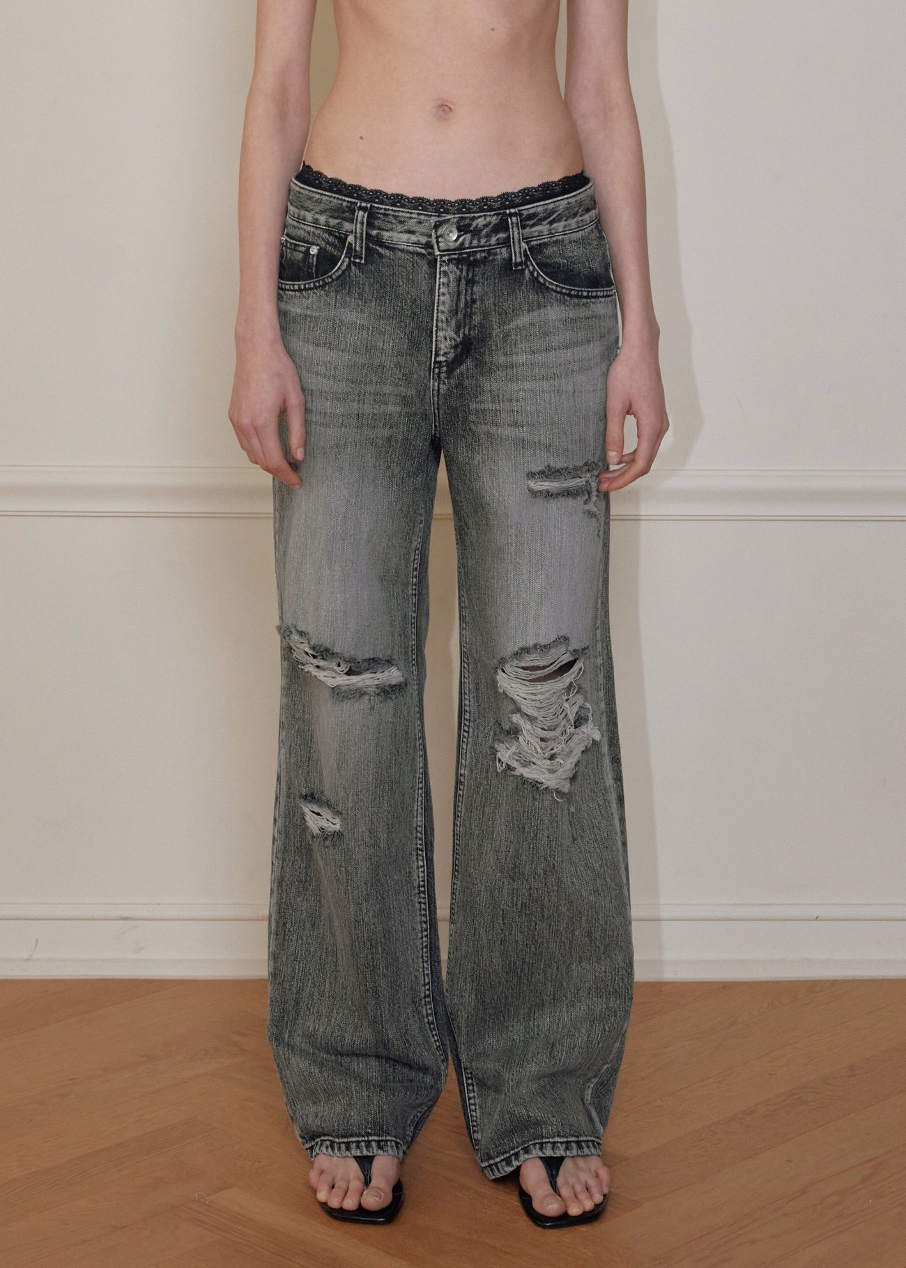 【bohemseo】 [3RD] HIGHLIGHT DAMAGE WIDE PANTS, GRAY 正規品