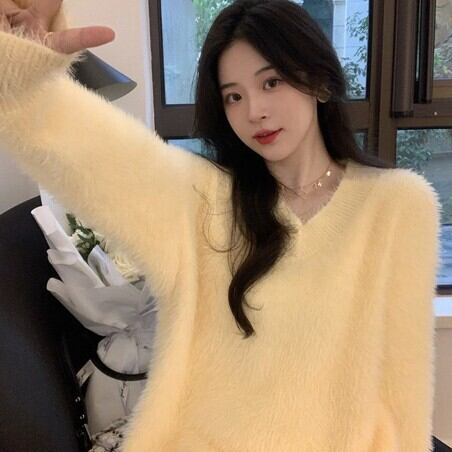 淡色トップス ニットソー プルオーバー 長袖 萌袖 Vネック ウール シャギーニット 大人可愛い