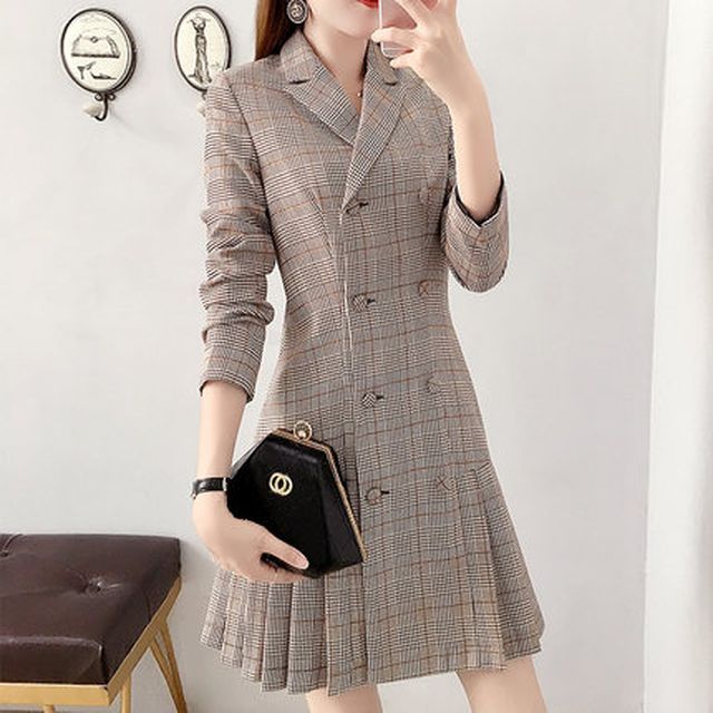 カジュアル チェック 大人カジュアル Ｓ3XLサイズ ワンピース クラシカル ベージュ 秋 シック 冬 レディース テーラードワンピース 長袖 OU-0370-y テーラードカラー ミニ丈 ダブル
