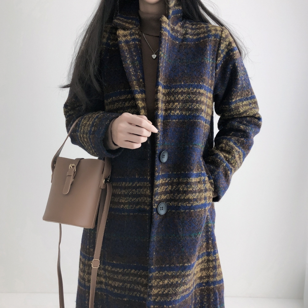 [オカンxキルティング裏地] スリムフィット チェック ウール ロング コート
