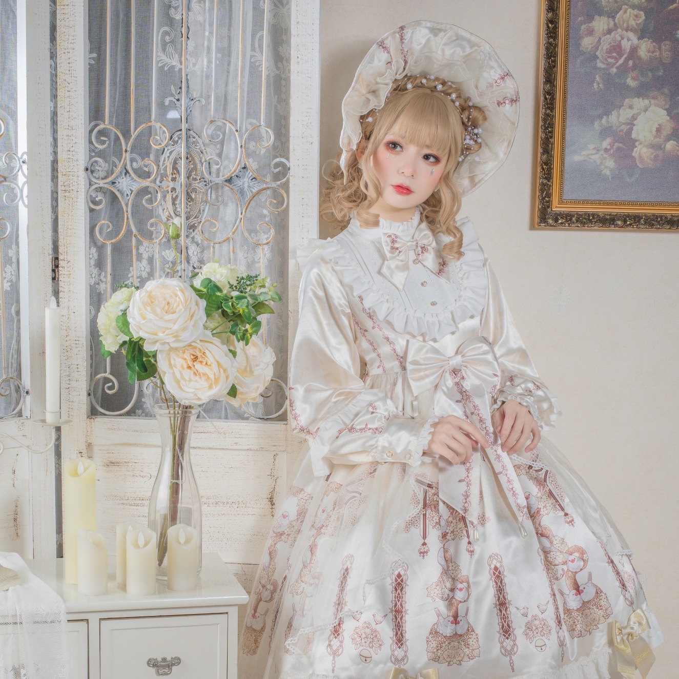 文鳥とクリームフラワーの宮廷長袖のプリンセススカート ロリータワンピース