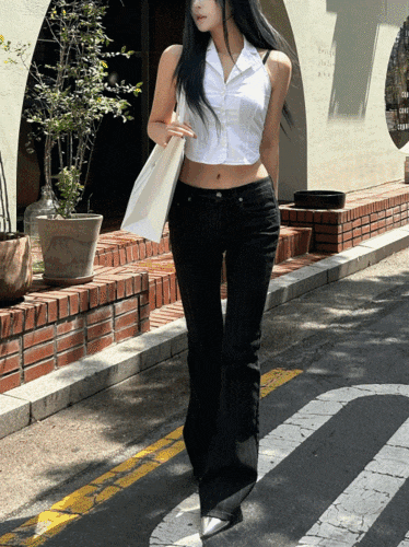 [핀터레스트룩/반로우] 4계절 블랙 스트라이프 부츠컷 팬츠 [ピンタレストルック/バンロー] 4季節 ブラック ストライプ ブーツカット パンツ