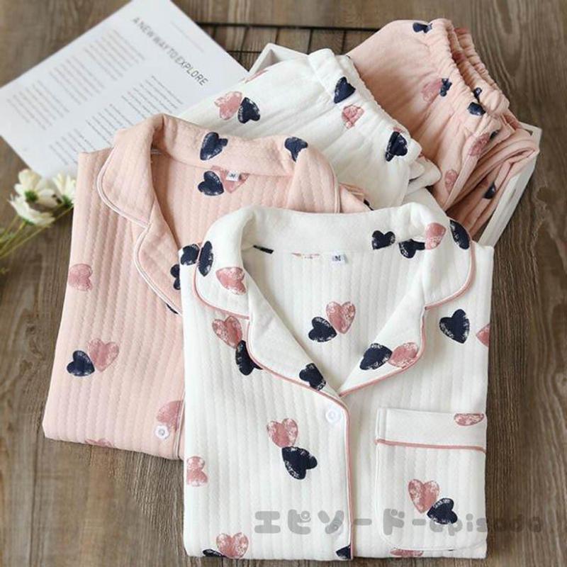 冬新作レディース ハート柄 ニットキルト パジャマ ルームウェア 綿100 上下セット 秋冬用 厚手 コットンキルティング 寝巻き 部屋着 ナイトウェア