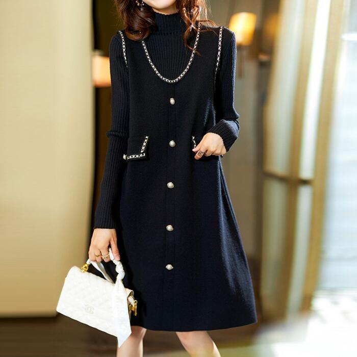 セットアップ レディース ニット トップス ワンピース 長袖 2点セット エレガント カジュアル きれいめ フェミニン ひざ丈 大人 可愛い ハイネック おしゃれ シンプル レイヤード ブラック 黒 4,952円