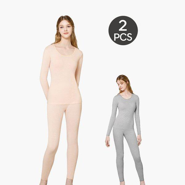 女性用コットンインナー 40番手リブ編み 秋 冬用 長袖 上下セット 2枚