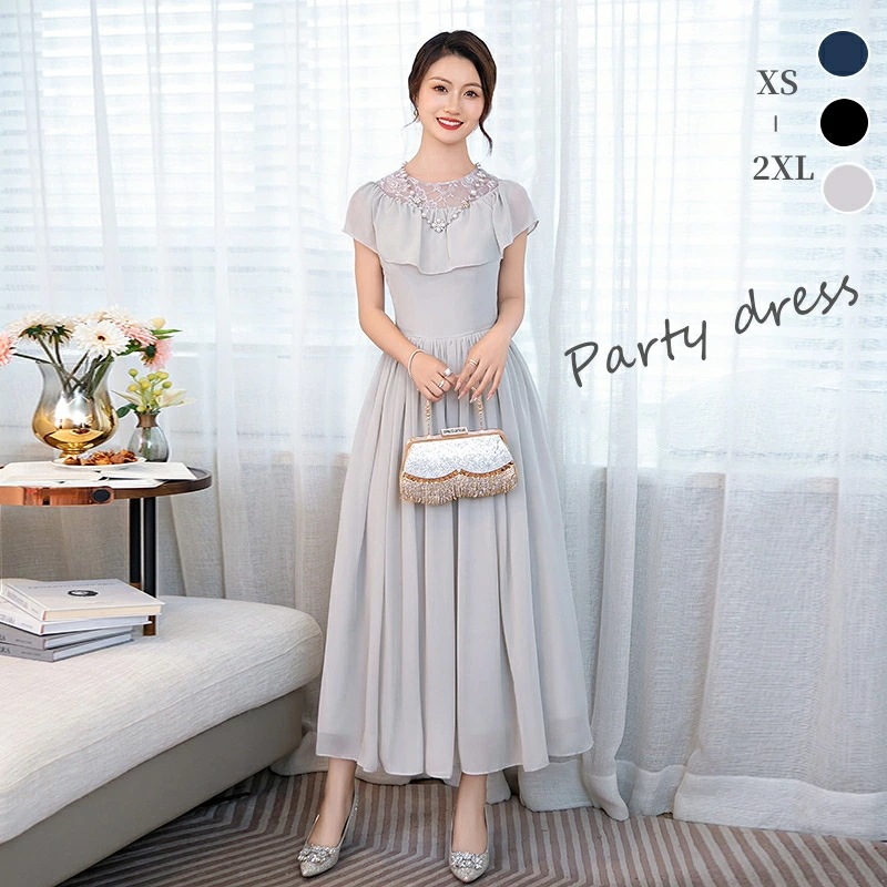 ロングワンピース パーティードレス ロングドレス 結婚式 半袖 フリル 大きいサイズ フォーマル レース オケージョン ママ 母親 ピアノ 発表会 40代 30代 20代 胸部カバー 無地 他と被らな