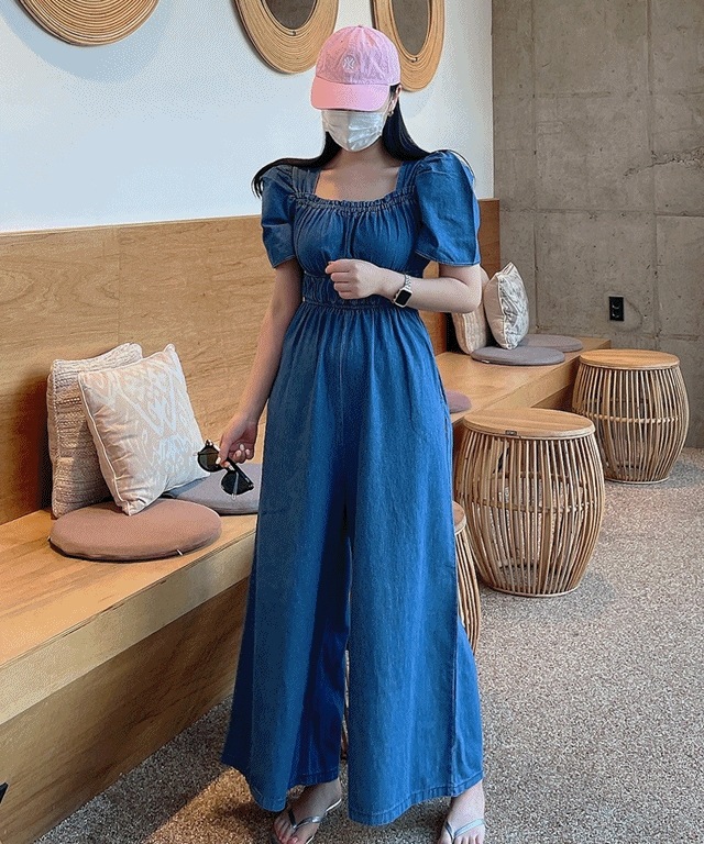 フィット保障 夏 バカンス デニム デニム ビーチ スモーク バンディング 肩 パフ シャーリング ワイド ロング ジャンプ スーツ