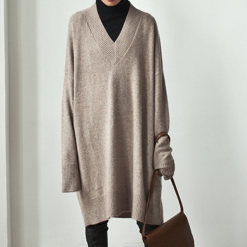 ニットワンピース 膝丈ワンピース ロングニット Vネック 袖リブ レディース 韓国 オルチャン ストレート Iライン ロング 長袖 スリム スマート 青 ブルー 茶色 ベージュ
