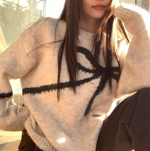 リボントップス リボンニット 白 黒 ルーズニット カジュアル ゆったり 韓国 レディース オルチャン ニット 秋冬 秋 冬 大人カジュアル ラウンドネック こなれ感 ルーズ 大人可愛い シ