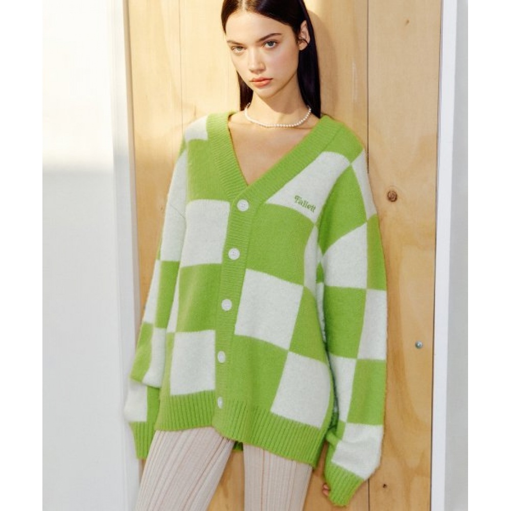 FALLETT チェッカーボードニットカーディガンライムグリーン