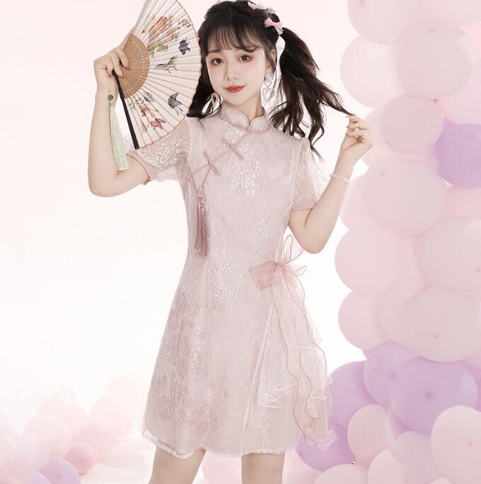 ロリータ服 チャイナドレス ショート丈 中華風 ロリータドレス lolita 半袖 ピンク チャイナドレス ハロウィン コスプレ 学園祭 文化祭 コスチューム 可愛い チャイナドレス リボン付き