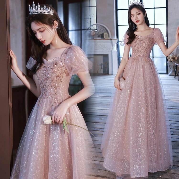 人気 ロングドレス イブニングドレス ピンク パフスリーブ 発表会ドレス キラキラドレス スパンコール キレイめ 結婚式ドレス 二次会ドレス ロング Aライン パーティードレス ミディアム丈 ミモレ丈