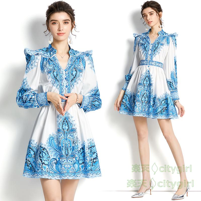 【CityGirl】パーティードレス ワンピース レディース 20代30代40代 Vネック ランタンスリーブ 長袖 プリント ショート丈ワンピース おしゃれ フェミニン お呼ばれ 着痩せ 春夏 結婚式