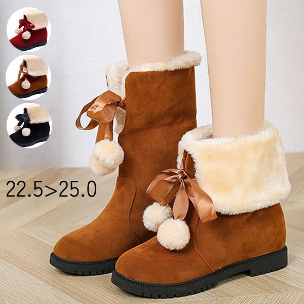 レディース スノーブーツ ショートブーツ ボア フェイクファー スエード あったか 可愛い ふわふわ もこもこ lolita ロリータ リボン 防寒 通勤 滑りにくい 雪靴 黒 赤 レッド ブラック