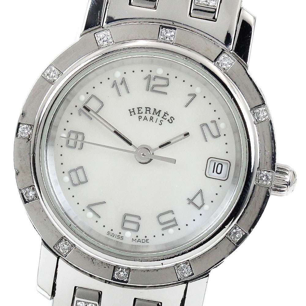 エルメス HERMES CL4.230 クリッパー ナクレ ベゼル 12Pダイヤ クォーツ レディース 保証書付き_917128【中古】