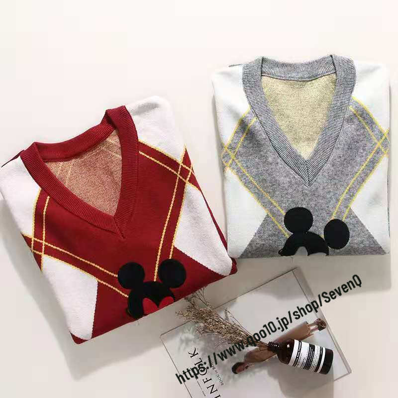 トップスニットVネックプルオーバーニットセータートップ潮の外に同じ段落ミッキージャンパー女性緩い怠惰な風の秋と冬と星クリスマスレッドセーター