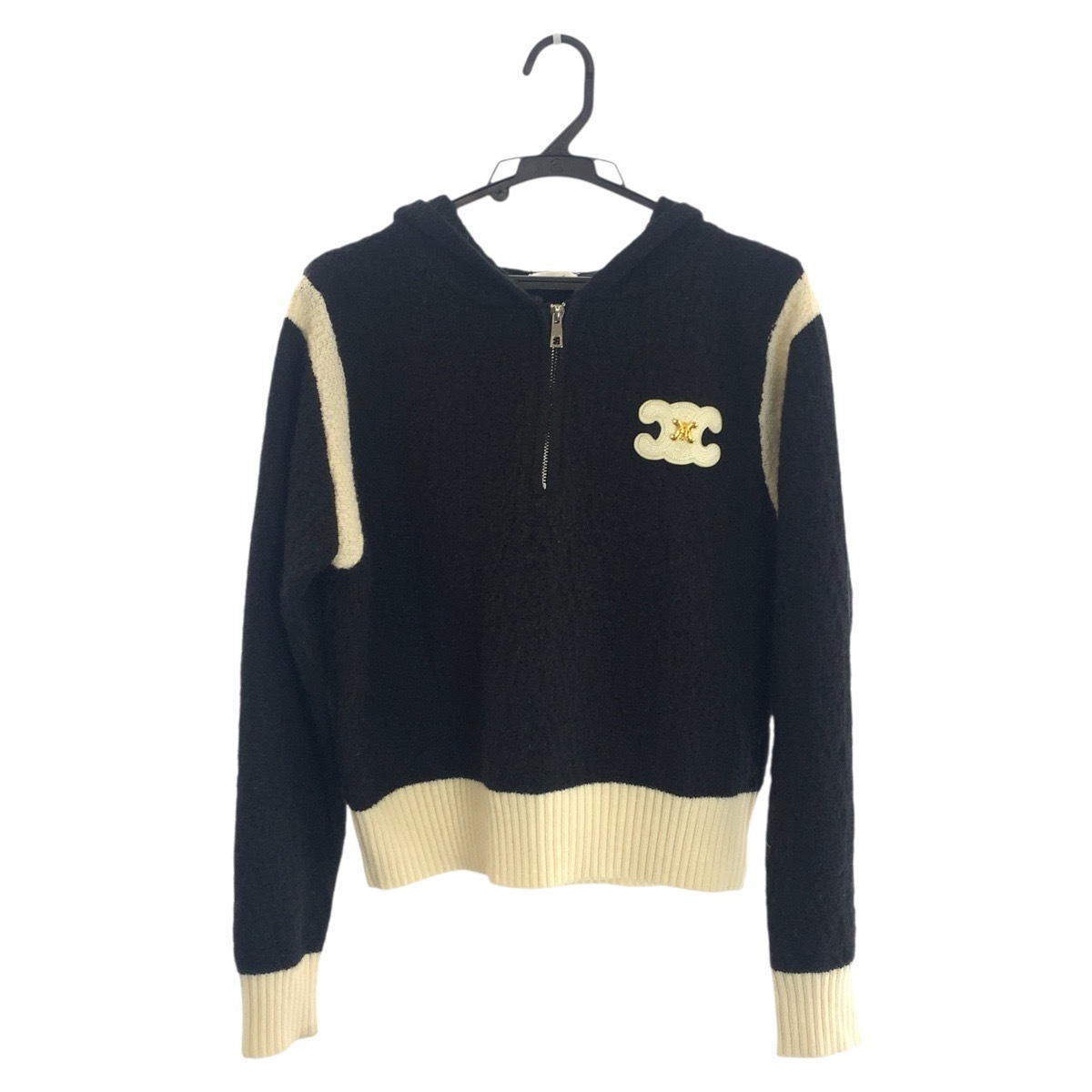 美品 フーディー サイズM 国内未発売 ブラック ホワイト ゴールド金具 シルバー金具 ウール セーター ニット 長袖 レディース 601260