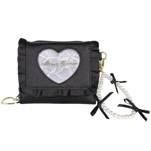 [] 三つ折り 財布 ハート レース サテン フリル 地雷系 量産系 女の子 ガーリー (ブラック)