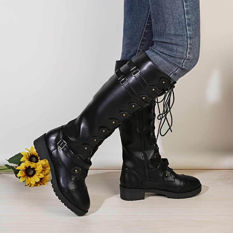 女性のラウンドトゥバックル装飾ニーハイブーツサイドジッパーチャンキーローヒールファッションナイトブーツオートバイ乗馬用