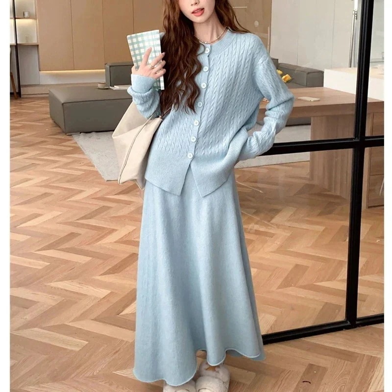 秋春作シンプル気質レディースセットアップニットカーディガンアウター二点セット上下セットセーターニットスカートセットアップ