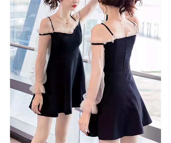 レディース ドレス ナイトドレス キャバドレス キャバ ミニ ショート 7分袖 長袖 オフショル 細身 Aライン フリル ドッキング ハイウエスト 透け感 シースルー プルオーバー 可愛い シンプル