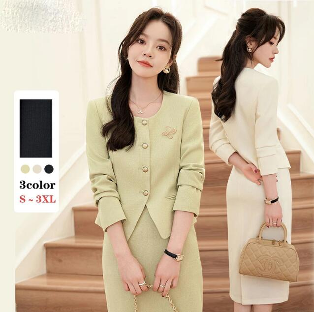 人気新作 ノーカラージャケットとタイトなロングスカートのセットアップ 洗える スーツ ママ レディース ビジネス スーツ ミセス フォーマル スーツ セレモニー スーツ ママスーツ 通勤 黒 白 緑