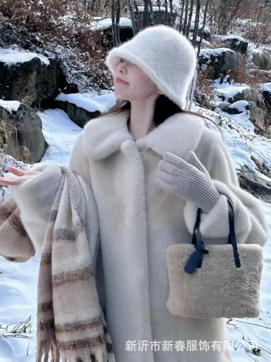 リトルホワイトベアファーコートレディースミッドレングスルーズラペル環境に優しいミンクファー肥厚ぬいぐるみコート冬プレミアム感