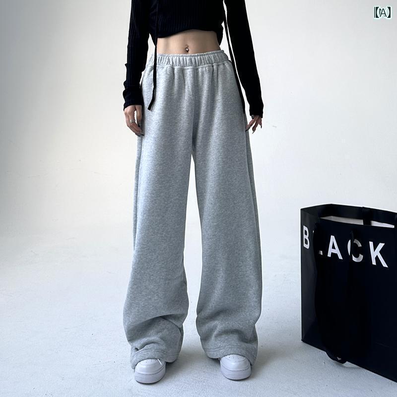 パンツ レディース スウェット 秋冬 ハイウエスト カジュアル ワイドレッグ ストレート ストリート ダンス おしゃれ 白 黒 ライトグレー