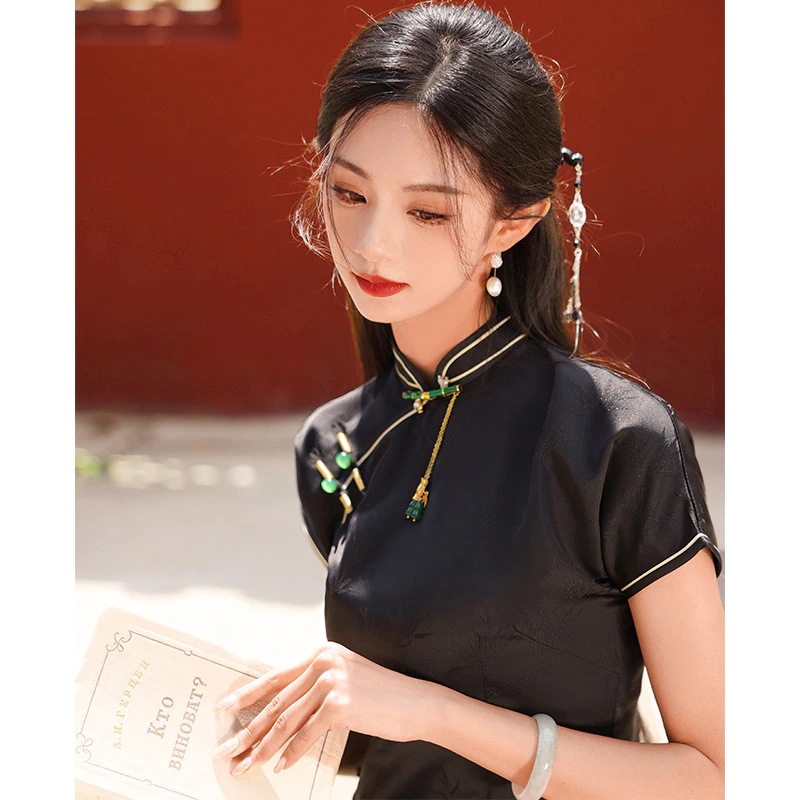 ワンピースドレスドレス漢服スタイルのレトロ新しいのチョンサム2025夏の黒人のデイリードレスの夏のブラックモディファイドバージョン