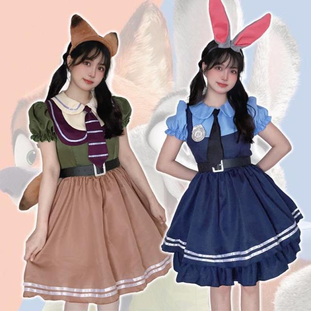 ハロウィン コスプレ 可愛い ウサギ警察 キツネ詐欺師 ポリス コスプレ衣装 ロリータ ワンピース レディース 5点セット 動物大都会cosplay 子供と大人の共用