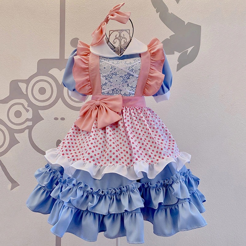 ピンク+水色 蝶結び メイド服 セット 喫茶店