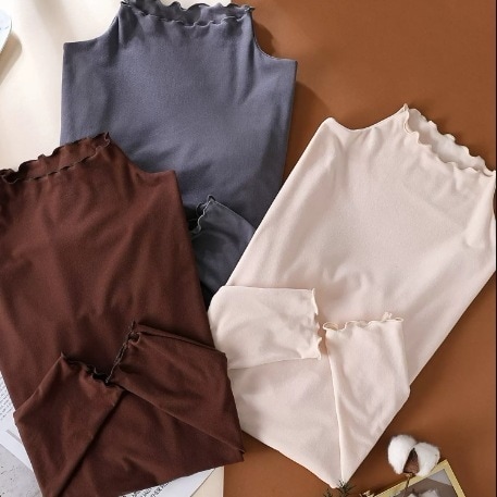 セット トップス カットソー 長袖 ハイネック スリム デザイン ニュアンス フリル 伸縮性 ストレッチ 厚手 お得 2点セット カラバリ スタイルアップ 暖かい かわいい 大人可愛い きれいめ