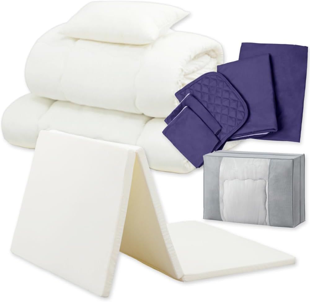 すぐ使える高密度マットレス付き布団10点セット 寝心地UPリニューアル 高密度ウレタン25D 充填わた増量 持ち手付き収納バッグ シングル ブルー KFS-R-M10S