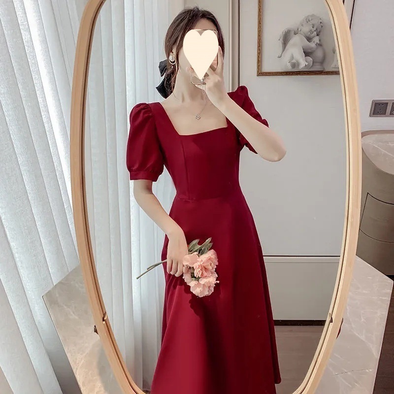 10個セット ブラックワンピース女2025夏茶休スカート気質方襟膝丈ミニブラックスカート