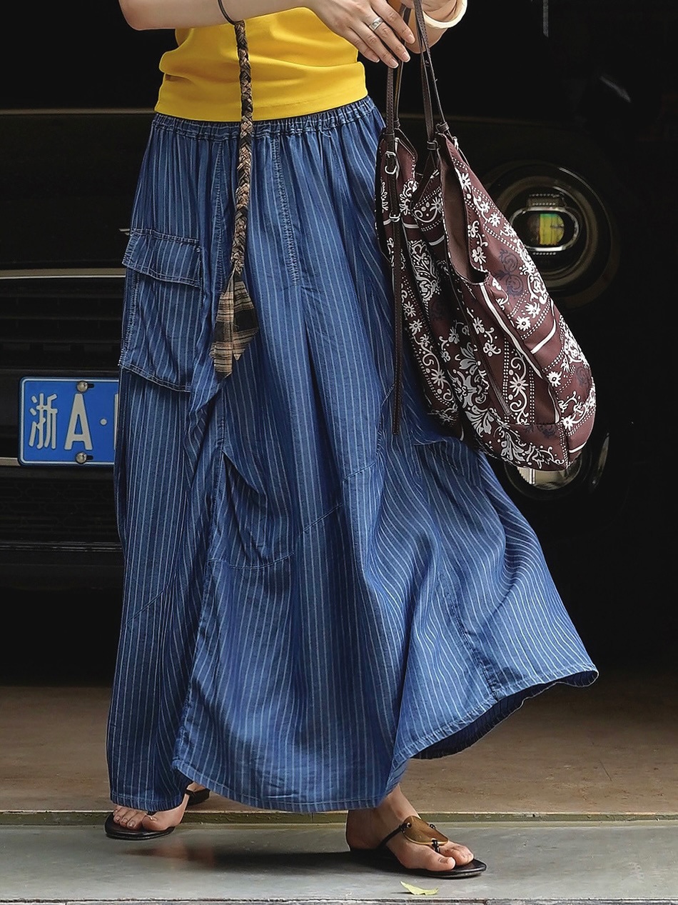 ルーヴル夏の新型日系レトロなデザイン感ポケットストライプデニムスカート懸垂質感ロングスカート女