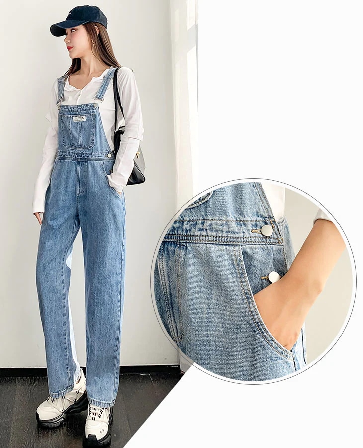 デニム サロペット パンツ オーバーオール ボトムス ジーンズ ジーパン つなぎ レディース 可愛い 流行 カジュアル きれいめ シンプル 大人可愛い 春 夏 秋 無地 ライトブルー ケミカル ゆった