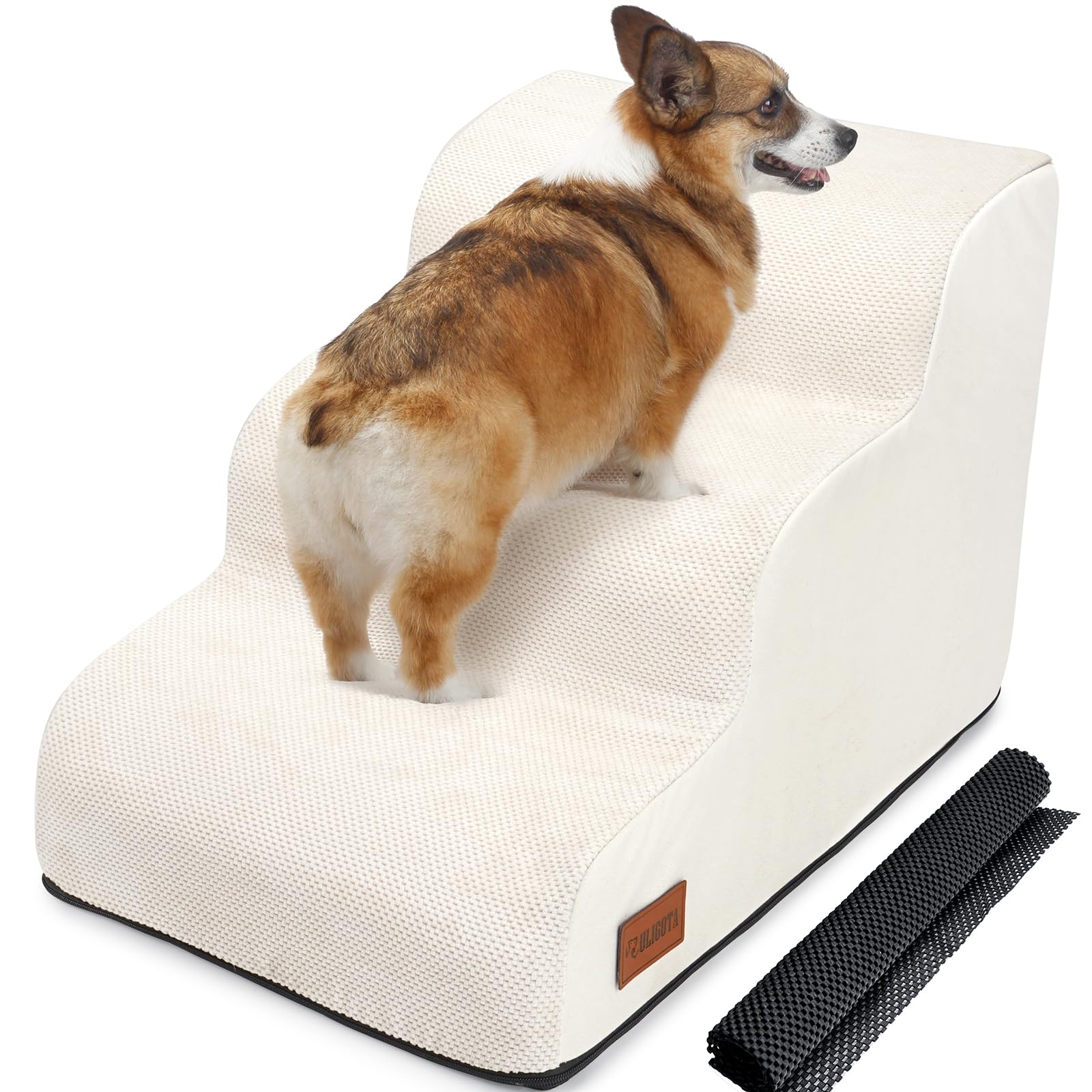 犬用ステップ 3段 ドッグステップ 犬用スロープ 犬用踏み台 犬用階段 小型犬 室内犬 高齢犬 滑り止めマット付き カバー取り外し 洗える 手持ち付き(ベージュ)