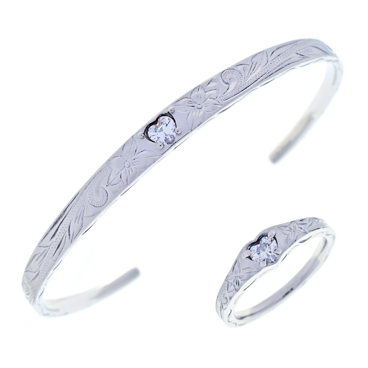 ハワイアンジュエリー リング バングル セット レディース サージカルステンレス ハート スクロール