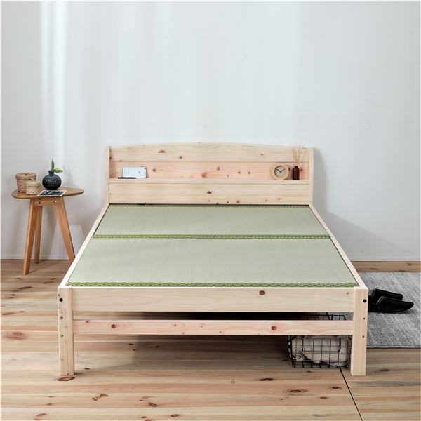 日本製 ひのきベッド [い草床板 シングル] 棚/コンセント付き 天然木 檜 3段階 高さ調節