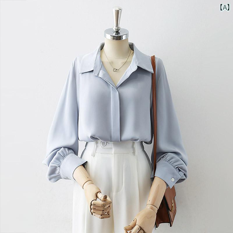 レディース シャツ ブラウス 長袖 春秋 サテン風 ライトブルーグレー ドレープ シャツ襟 開襟 エレガント フロント隠しボタン シンプル 上院 モード シック 快適 洗練 上品 多用途