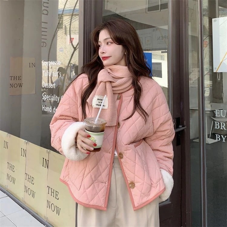 秋冬 ピンク ノーカラー ソフト ラムズウール 保温 長袖ブラウス キルティングアウター レディ ース 韓国 綿服
