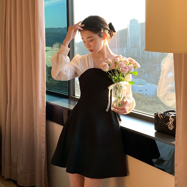 (ミニ＆ロング/ゲストルック) ブエル 2丈 シースルー袖 ハートネック 配色 フレアワンピース op15936