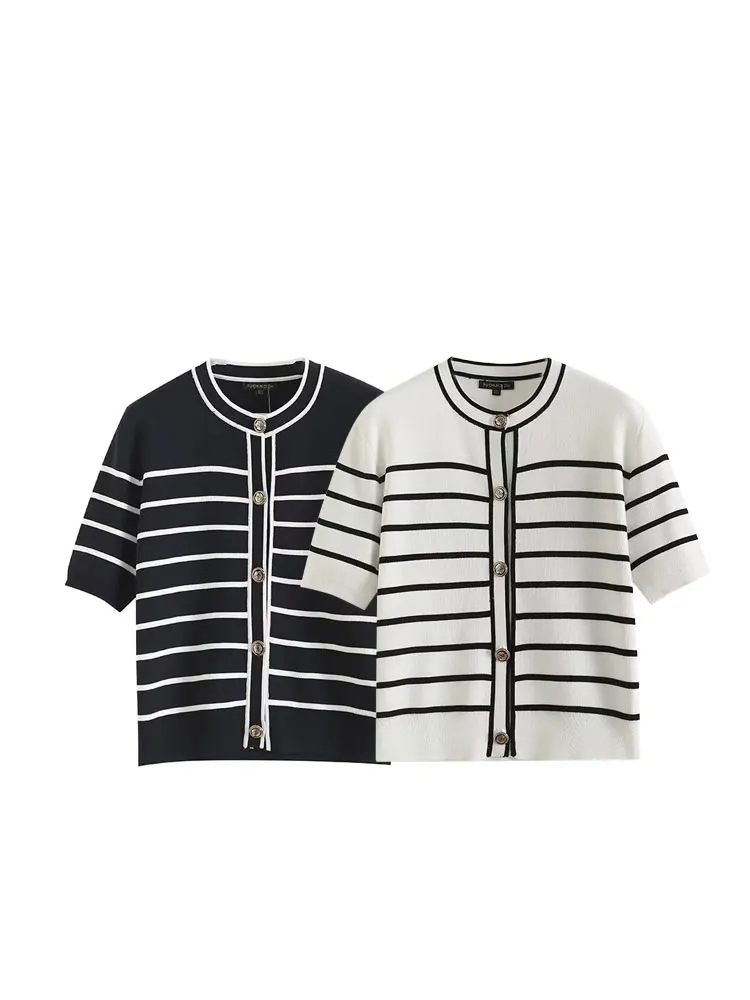 TellHoney-女性用シングルブレストカーディガンニットセータースリムフィットトップス半袖ラウンドネックカジュアルストライプレディースファッション - 200