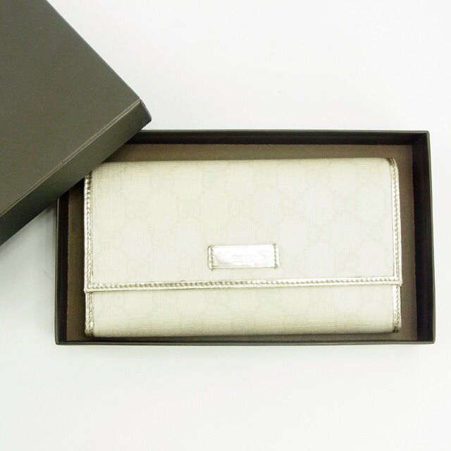 長財布 三つ折り財布 GG柄 ホワイト シルバー 中古