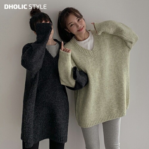 Vネックロング丈ニット・p460324