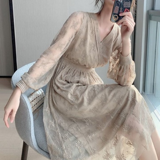 レディース ワンピース フェミニン シアースタイル ギャザー ロング丈 長袖 カシュクール シースルー ドレス お呼ばれ パーティー 大人可愛い ママコーデ ママファッション 韓国系 オルチャン 人気
