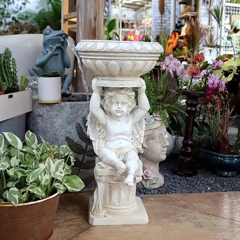 バルコニー庭園装飾用のヴィンテージ小さな天使の鳥餌ヨーロッパスタイルの庭の装飾用の大きなローマの花瓶庭の装飾用の大きな天使のローマの柱の花瓶リビングルームの樹脂のヴィラの屋外バルコニー装飾の装飾