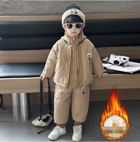 男の子用ガベット長ズボンセット秋冬服新型ごろつきハンサム子供用綿ジャケット冬の男の子用衛衣3点セット