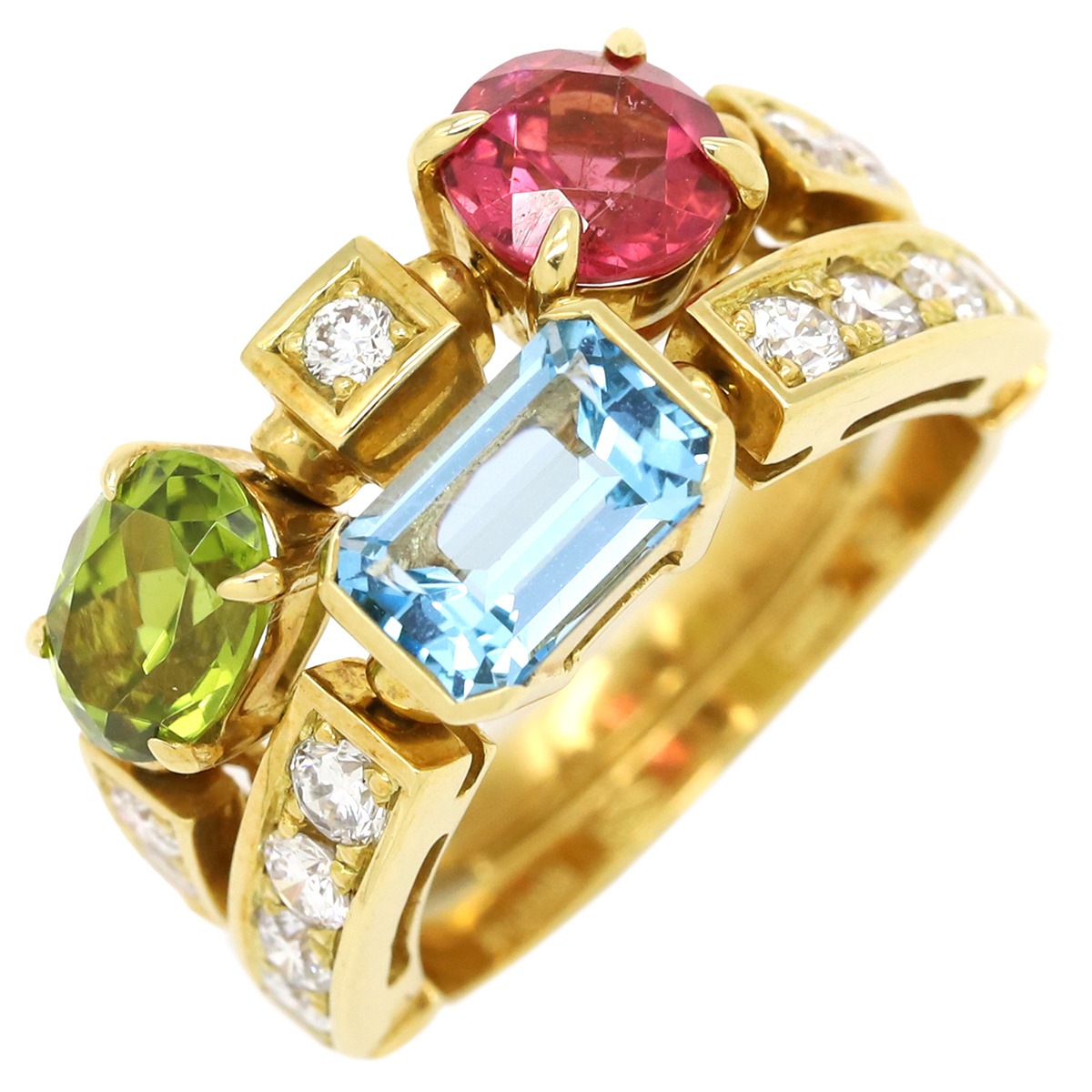 ブルガリ BVLGARI リング 指輪 アレグラリング K18YG ブルートパーズ ピンクトルマリン ペリドット ダイヤモンド イエローゴールドXブルーXピンクXグリーン K18YG 18K 750